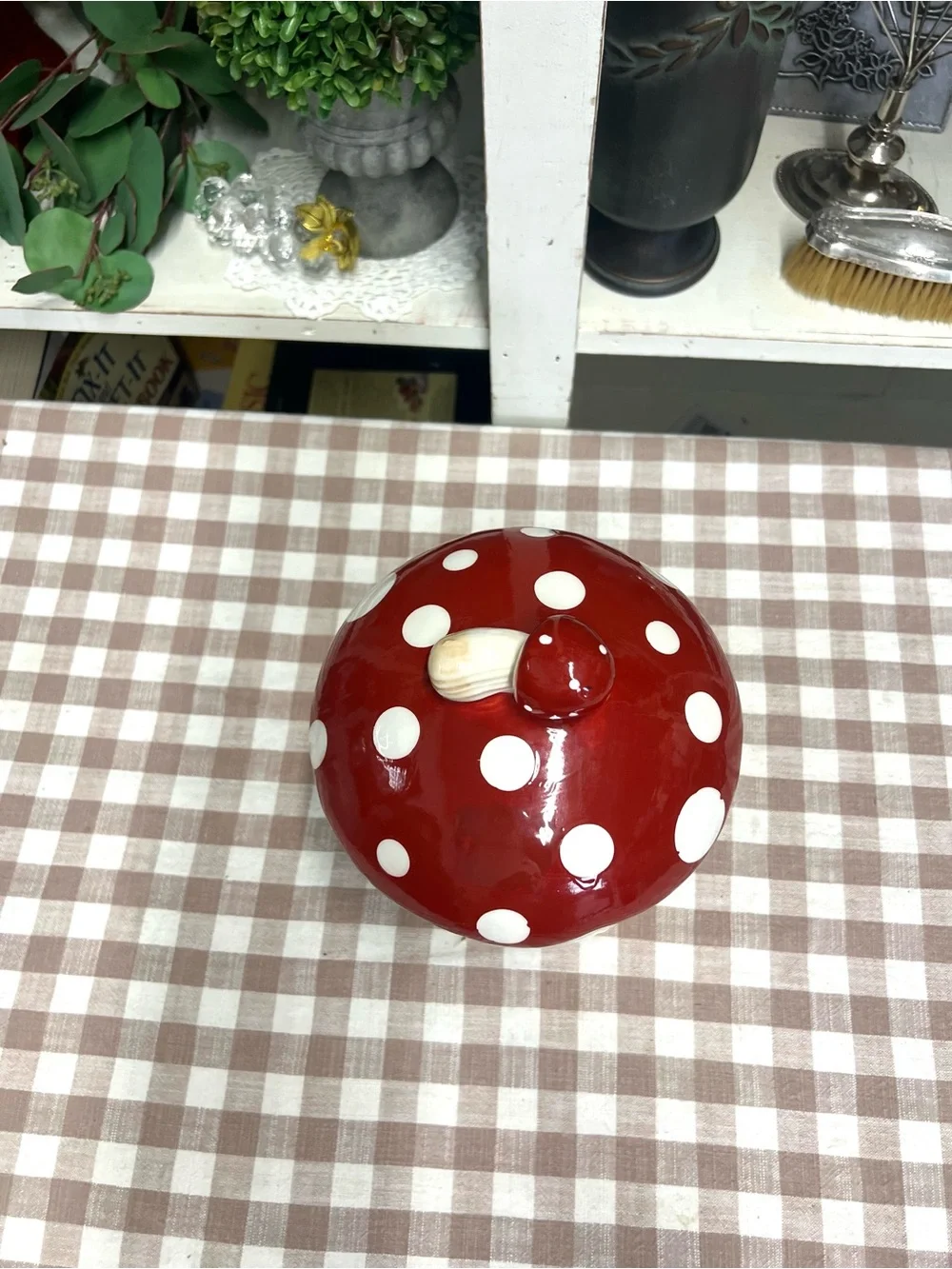 Mushroom canister ceramic red white cookie jar decor